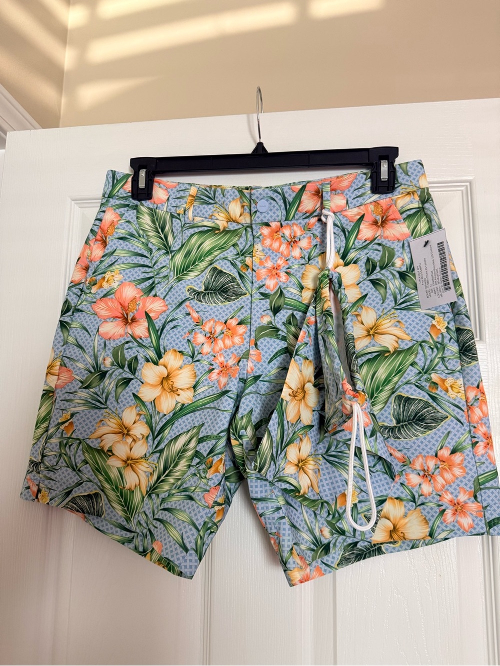 Men's Floral Swim Trunks in Light Blue with Orange & Yellow Flowers